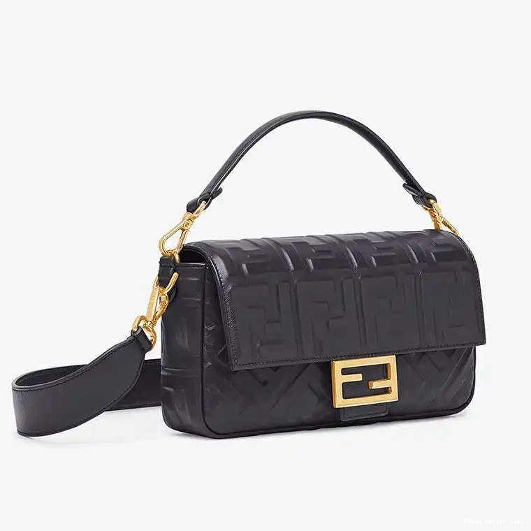 Affordable Medium Nappa Fendi Motif Leather FF Bag Baguette In Black 0605